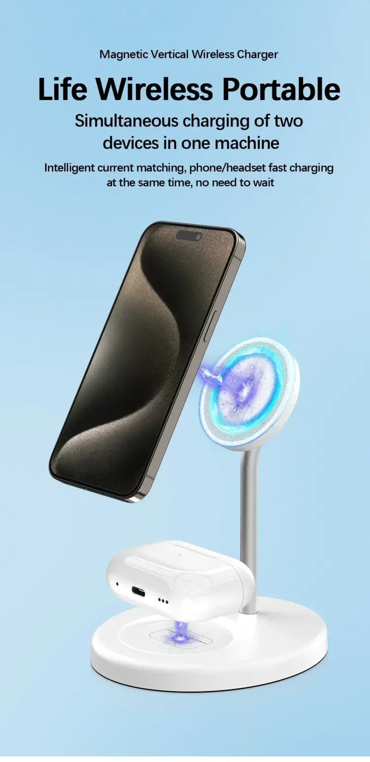 Soporte blanco de carga inalámbrica magnética con diseño vertical y dos ranuras de carga para teléfono y AirPods, que proporciona una carga inalámbrica eficiente.
