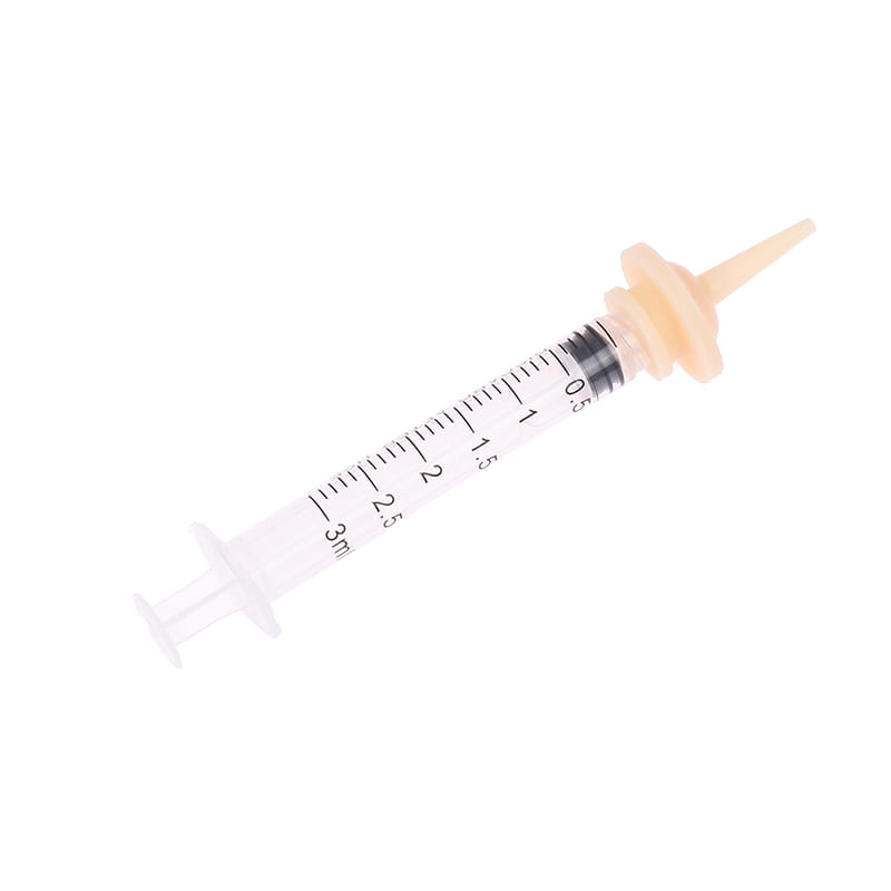 clear plastic pet oral syringe feeding set with beige silicone nipple attachment and black measurement markings