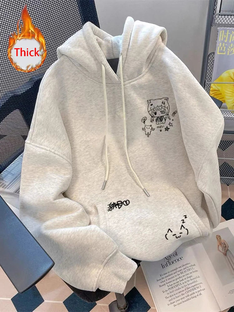 Cartoon Kawaii Hoodies Women Thick Warm Long Sleeve Loose Cute Sweatshirts Fall Winter Preppy Style Pockets Harajuku Female Tops