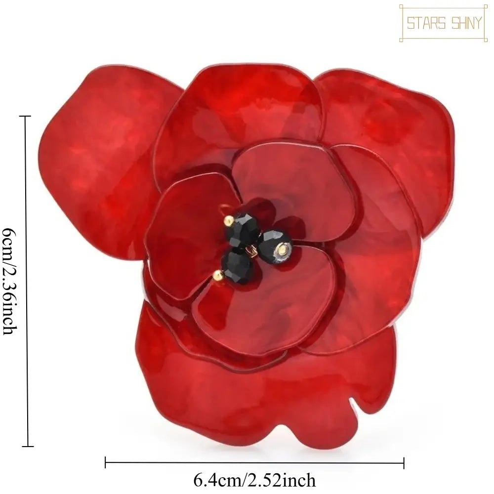 Broche de fleur rouge, épingle coquelicot en émail, présentant un émail rouge vibrant avec une finition brillante et un centre en pierre précieuse noire pour des bijoux de mode.