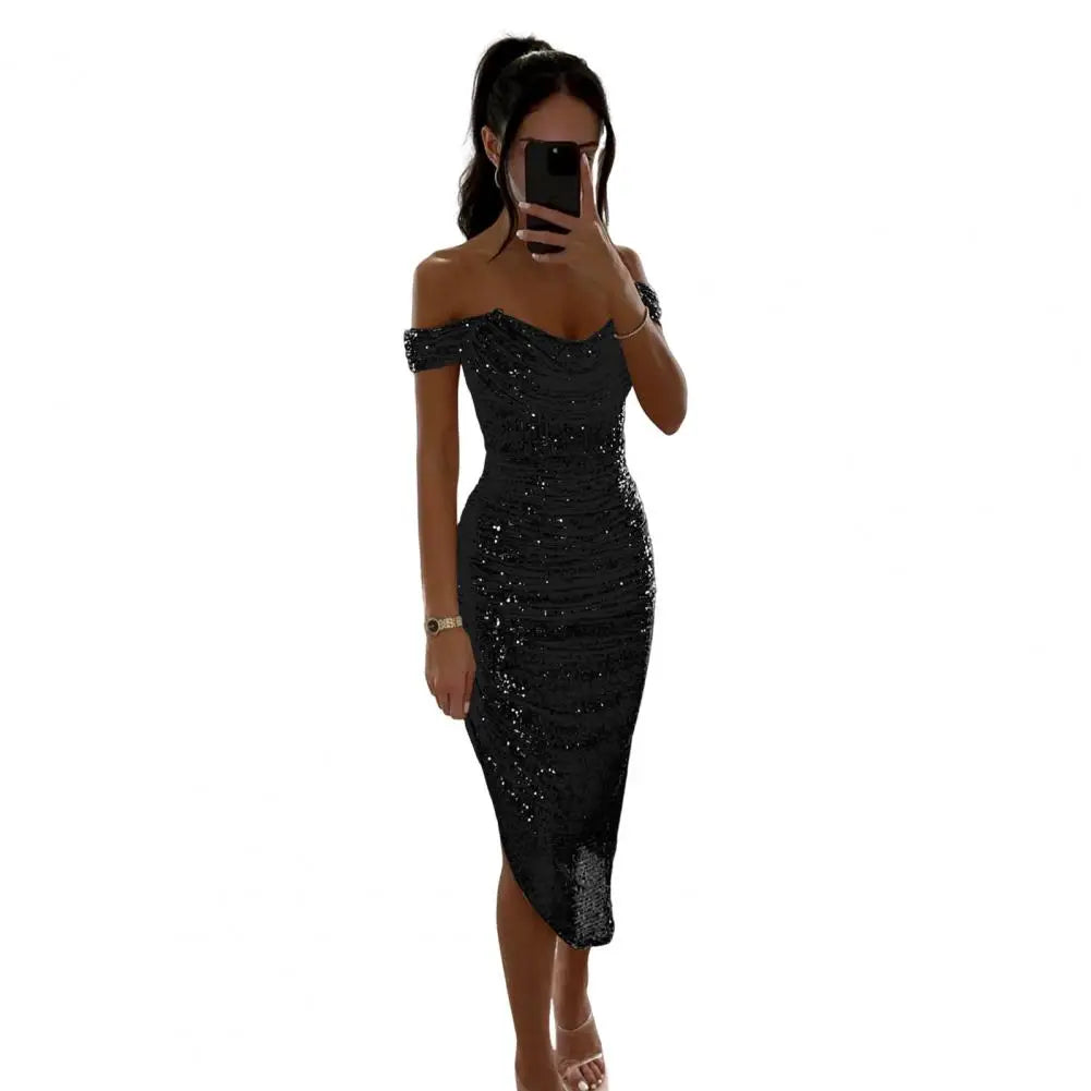Women Christmas Party Dress Sequined Irregular Hem Evening Dress Low-cut Prom Wedding Party Formal Slit Hem Ladies Midi Dress