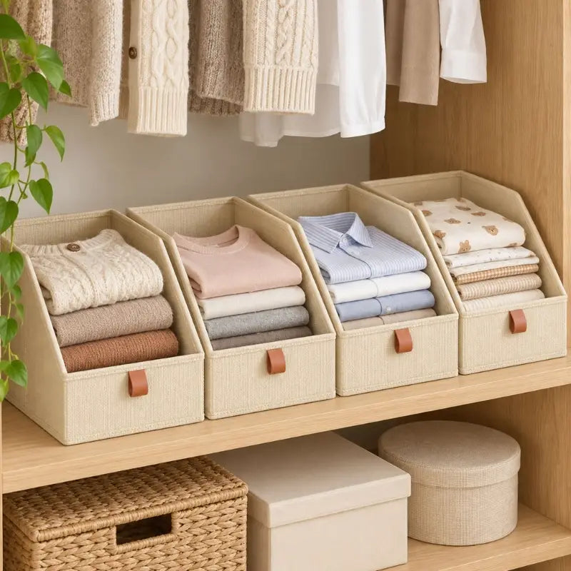 beige fabric storage baskets with brown leather-like handles neatly organize folded clothes on wooden closet shelves package includes six fabric closet bins for efficient storage.