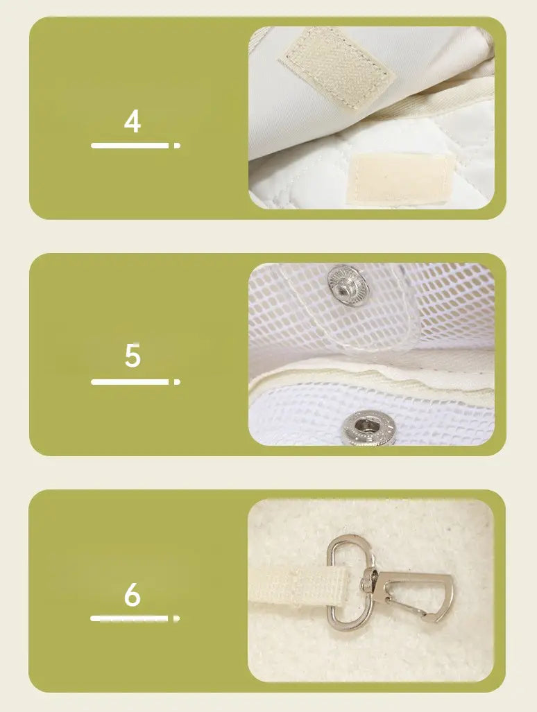 Bolsa transportín para mascotas de tejido de malla blanca con botones a presión metálicos de acabado plateado y clip mosquetón metálico a juego, diseñada para gatos y perros pequeños