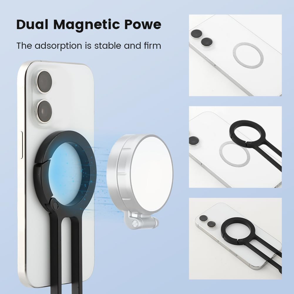 A black and silver dual magnetic phone stand with a circular design for secure attachment to devices shown from a front angle.