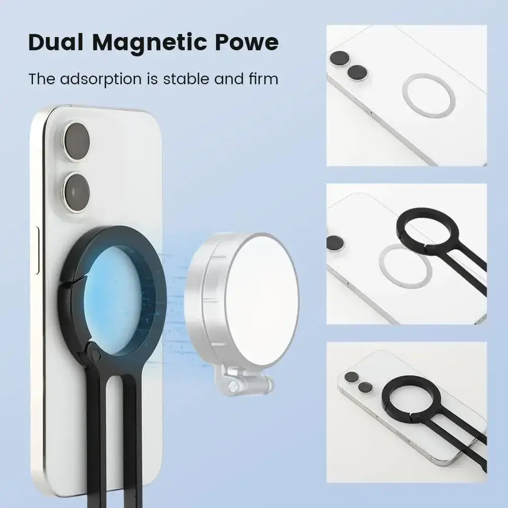 Black and silver circular dual magnetic phone stand with foldable tripod and carabiner for desk and outdoor use