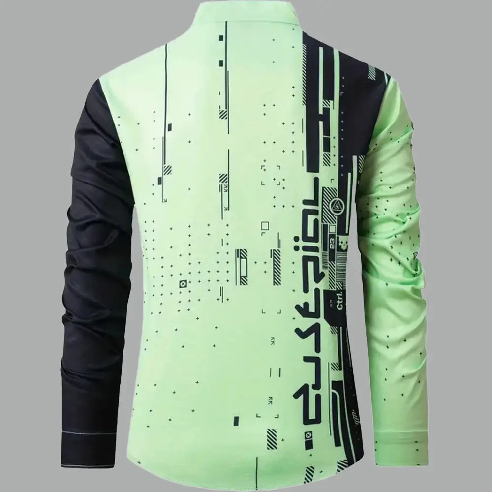 A neon green and black graphic button up long sleeve shirt for men featuring a futuristic digital print design.