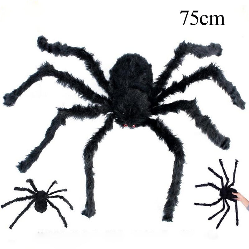 fausse araignée duveteuse noire aux yeux rouges lumineux, mesurant 75 cm, présentée dans le cadre de décorations d’Halloween avec un design de toile d’araignée.