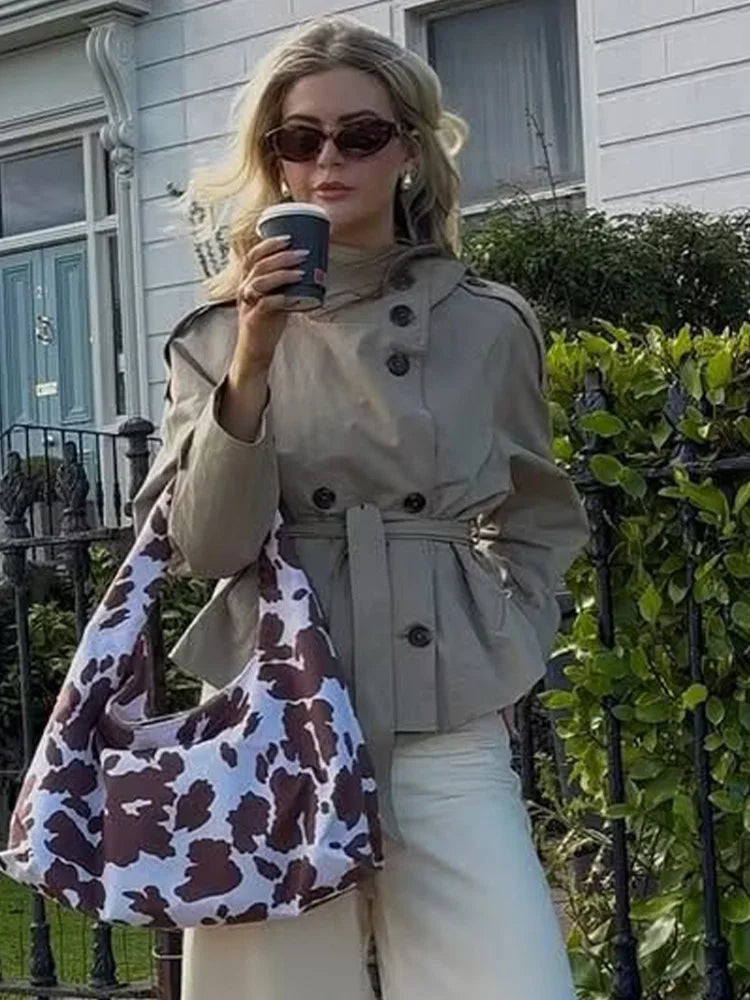 HH Female New Fashion Double-breasted Lace-up Trench Pockets Coat Long Sleeve Jacket Women Autumn Casual Street Short Coat