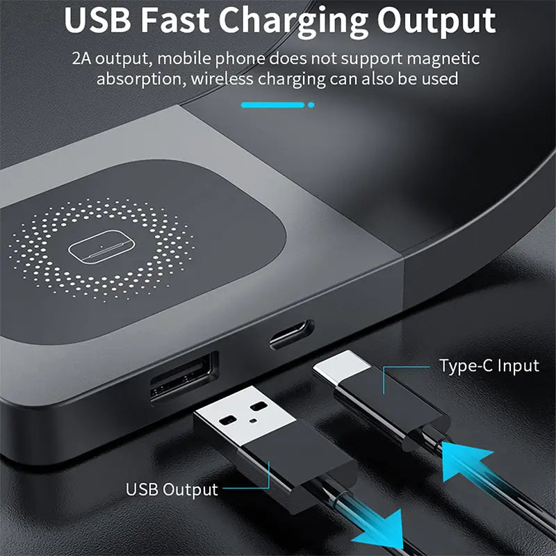 black metal wireless charger 4-in-1 phone earbuds watch with fast charging station featuring wireless charging pad and multiple ports including type-c input usb output and 2a output for mobile devices