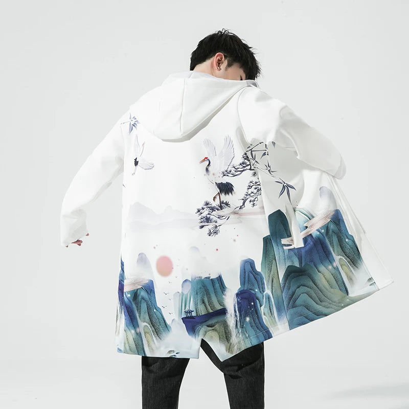 Streetwear Men's Hooded Jacket Long Oversized Trench 2024 Men  Long Trench Casual Printed Men Woman Jacket Coat Fashion Clothes