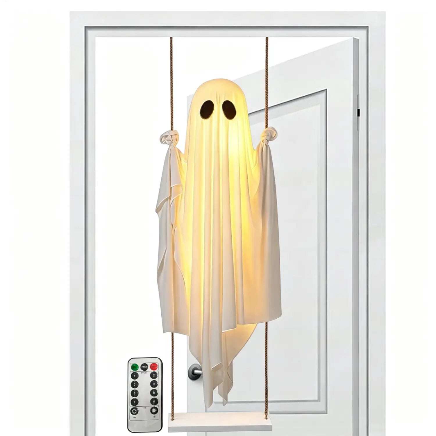 decoración de fantasma colgante oscilante iluminada con un fantasma blanco translúcido luminoso colgado de cuerdas, con un control remoto cercano, para uso exterior en Halloween