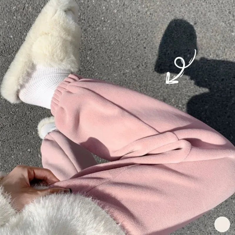 Pink Fleece Sports Pants for Women Autumn and Winter Thick Warm Cotton Pants Small Stature Ankle Binding Fleece Sanitary Pants