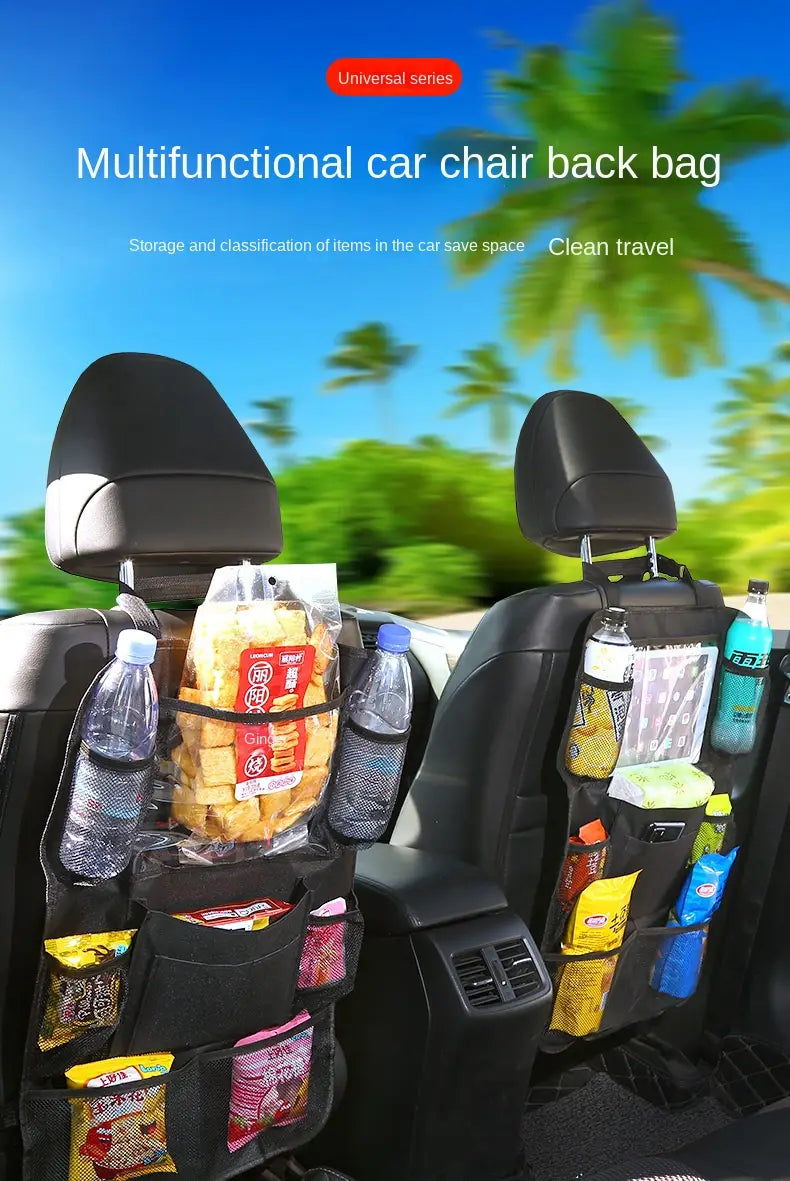 Black multifunctional car backseat organizer made of durable material with multiple pockets mesh compartments and a tablet holder shown from the back side for efficient item organization.