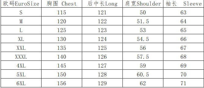 guide des tailles de vêtements eurosize affichant des mesures pour les tailles s à 6xl pour les longues vestes en cuir goth homme, trench-coat en cuir noir