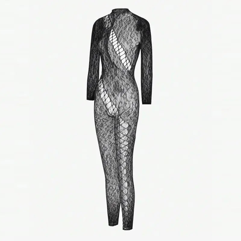 Black lace long sleeve bodysuit featuring a high neckline and an intricate diamond-patterned mesh design.