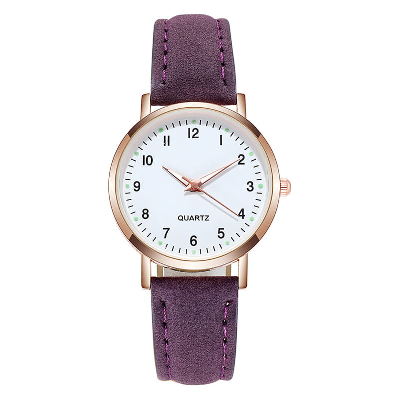 A rose gold women leather quartz watch with a white dial featuring minimalist black numerals and matching hands, paired with a soft purple suede strap accented by subtle stitching.