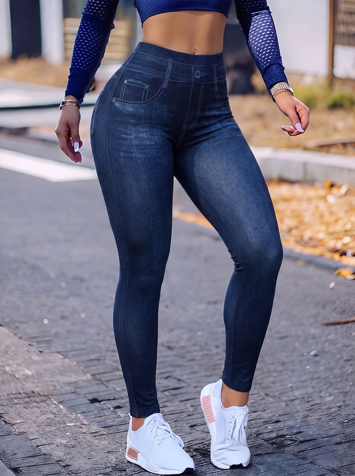 Women's Washed Blue Faux Denim Ankle Leggings High Stretch Pants for Jogging Light Hikes Low-Impact Fitness Daily Wear