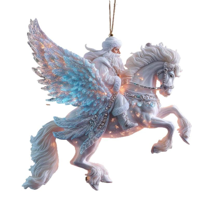 Une délicate décoration de sapin de Noël en acrylique représentant une figure angélique bleu clair et blanc, aux ailes translucides, chevauchant un cheval ailé, à thème animal, pour la décoration de Noël.
