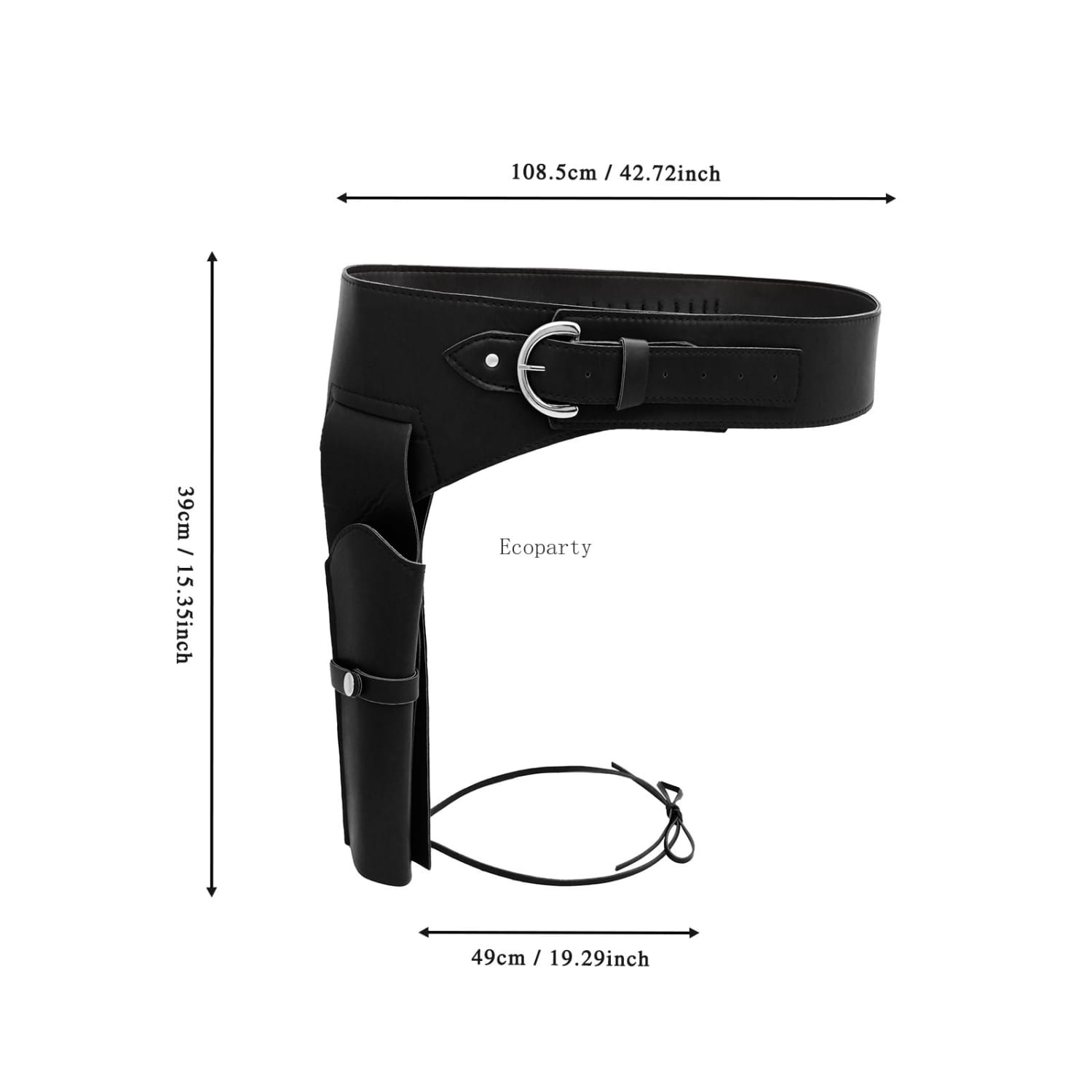 Black leather renaissance cowboy double belt revolver holster with silver buckle and adjustable strap for captain waistband renaissance use.