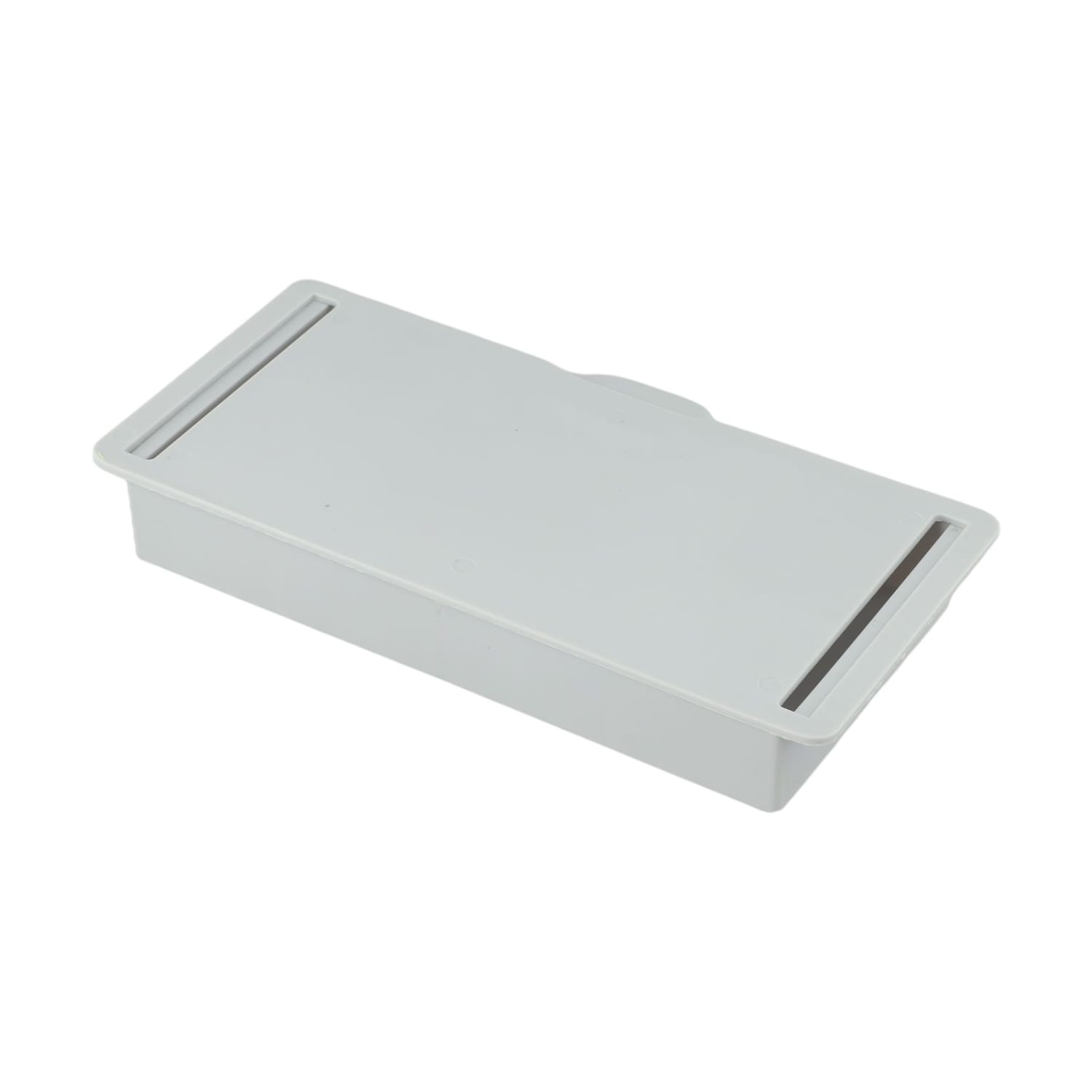 Boîte de rangement en plastique rectangulaire gris clair pour tiroir sous bureau, en ABS, avec deux fentes verticales sur la surface supérieure.