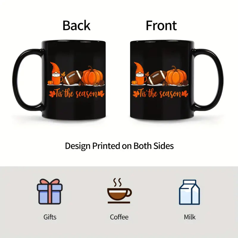 Black ceramic Easter egg coffee mug featuring a festive autumn design with orange pumpkins, a football, and a gnome holding a mug printed on both sides.