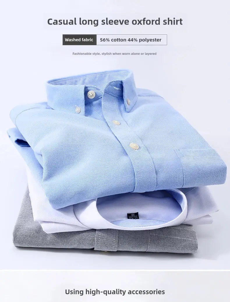 Mens light blue oxford shirt casual long sleeve with a button-down collar white buttons and washed fabric material