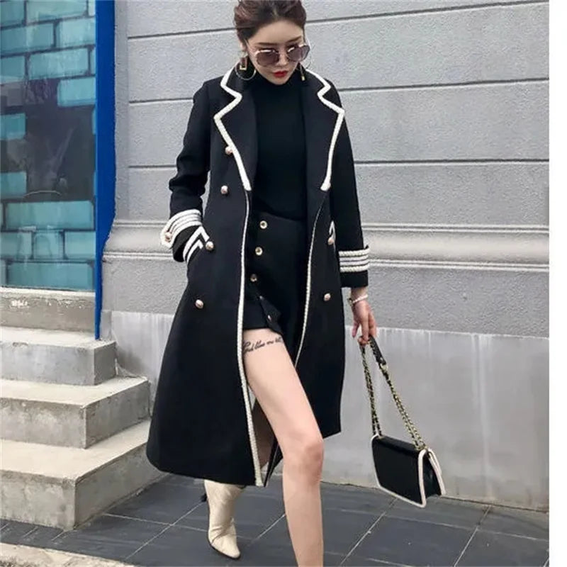 White Over the Knee Wool Coat Women's Mid-Length 2023 Autumn/Winter Hepburn Style Thickened Slim Black Double-Breasted Coat Z555