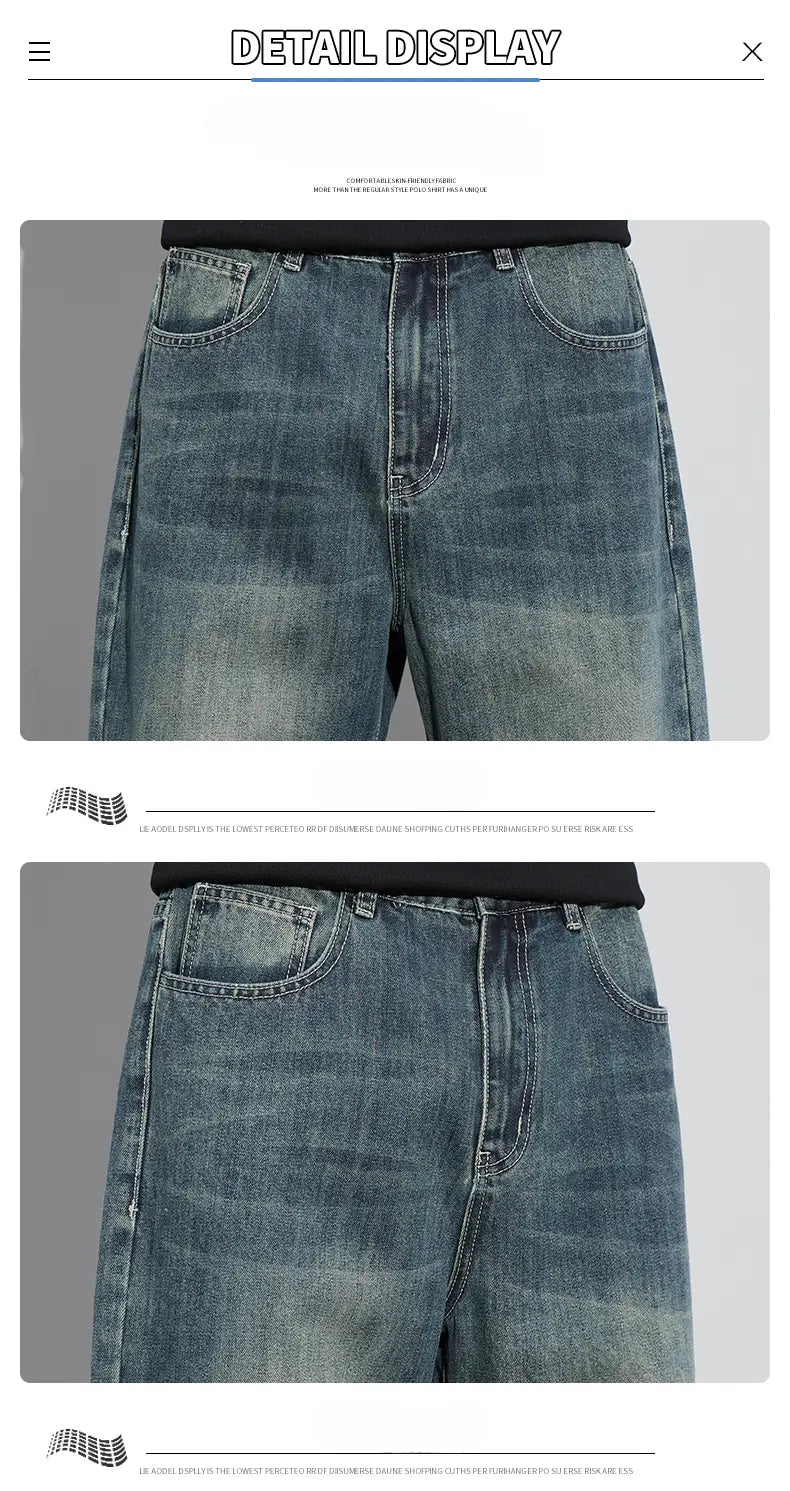 Jeans droits amples doublés de polaire pour homme en denim bleu classique, avec un lavage délavé et une coupe droite