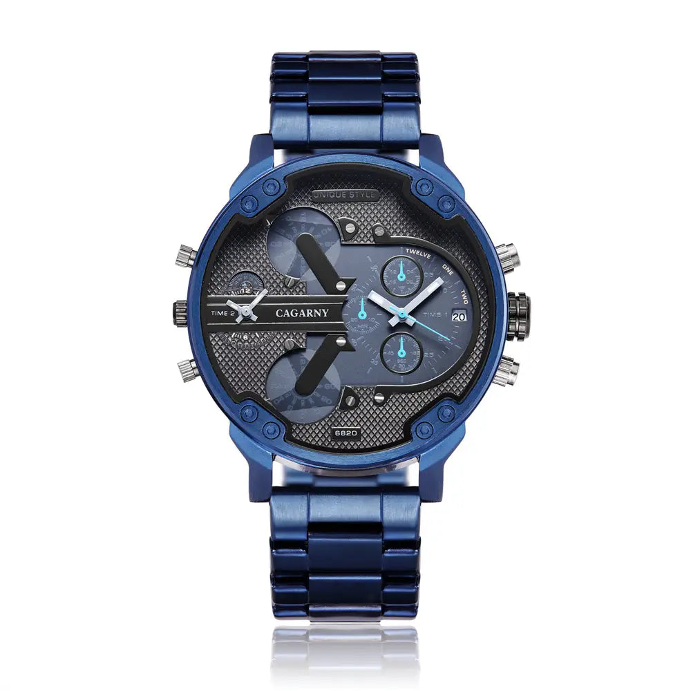 Dual-Time-Luxus-Uhr aus Stahl mit Quarzwerk für Herren mit blau-metallischem Cagary-Gehäuse, Multi-Zifferblatt und strukturierten schwarzen Akzenten.