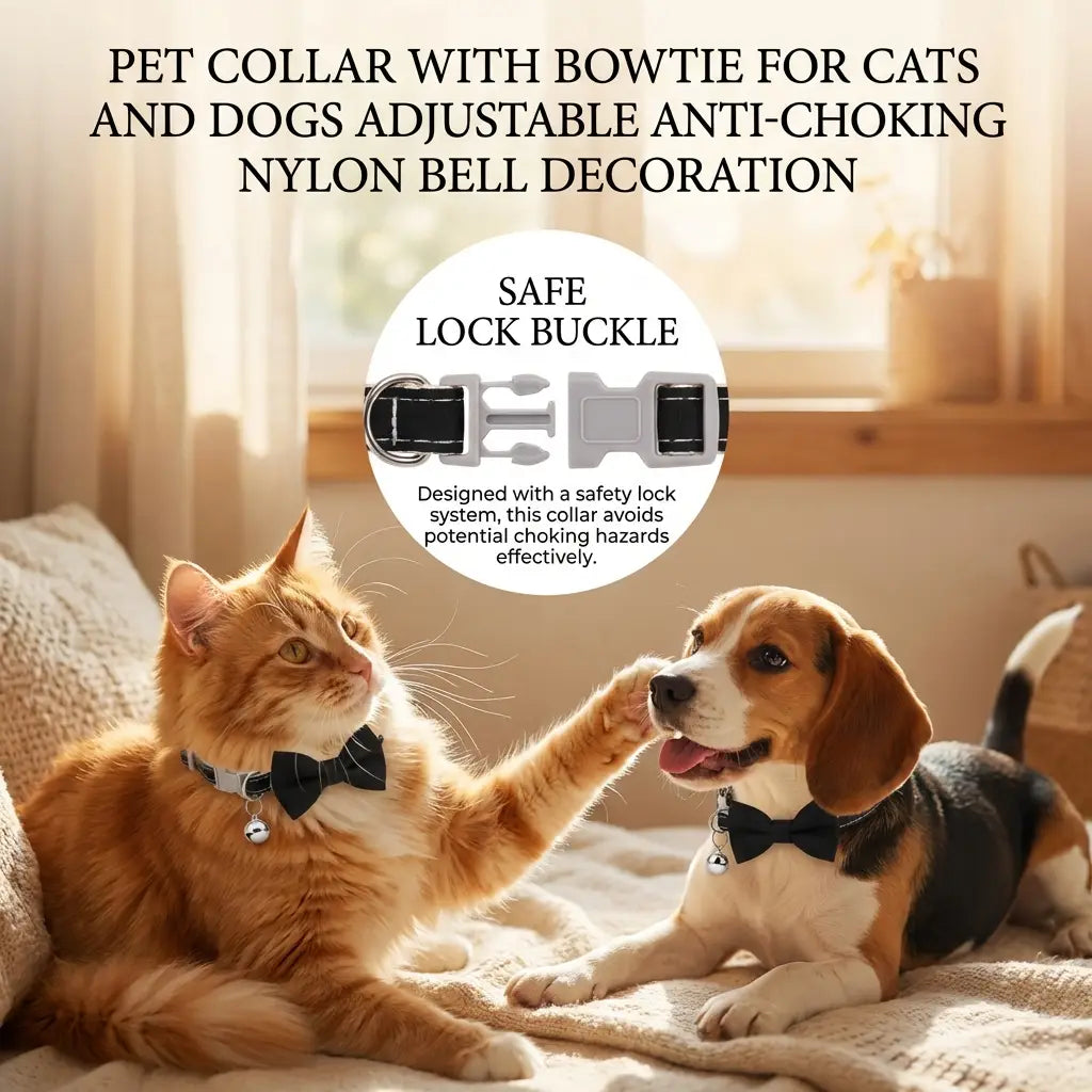 Verstellbares Nylon-Haustierhalsband 22–28 cm mit schwarzer Fliege und Glockenverzierung mit sicherem Schnappverschluss für Katzen und Hunde.