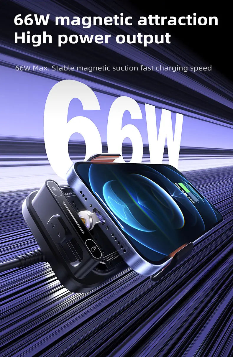 Black magnetic wireless car phone charger mount with 66w fast charging capability and sleek modern design for convenient wireless car charging.