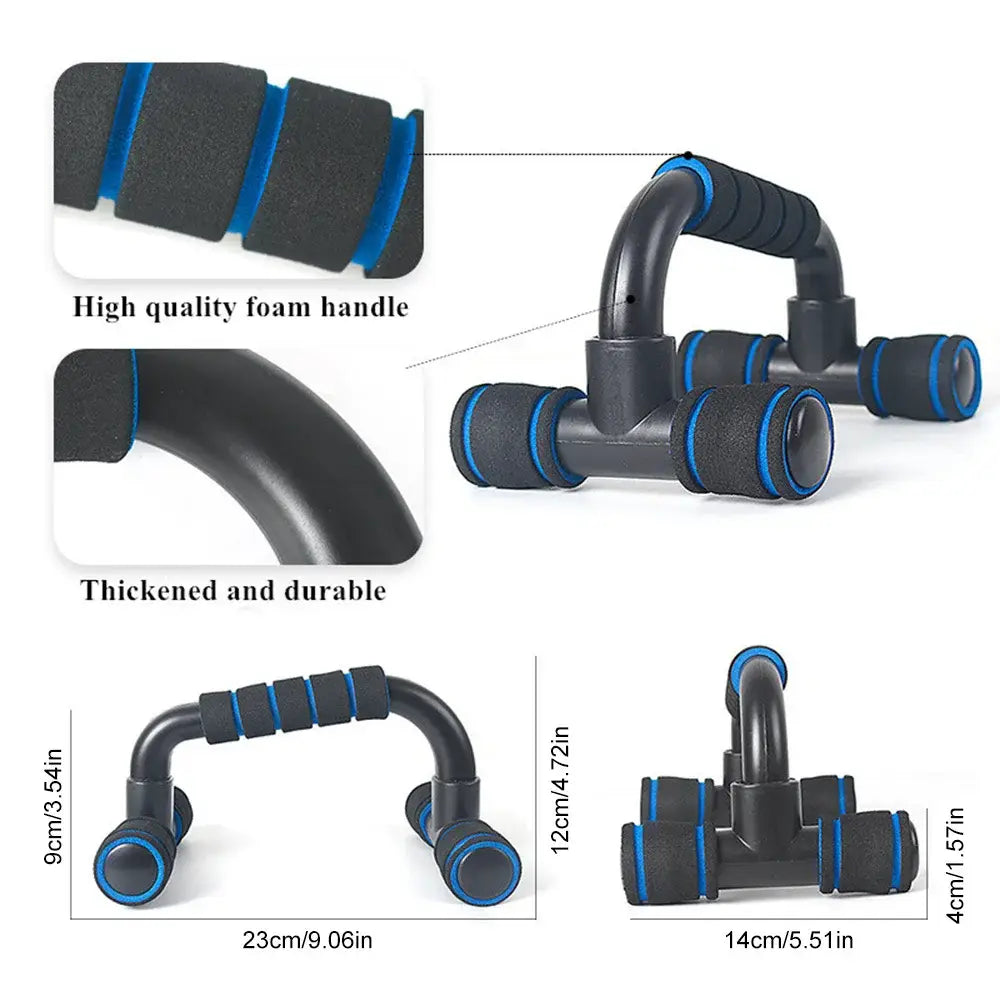 Adjustable push up bars for home muscle training with black and blue foam handles and thickened durable plastic frames.