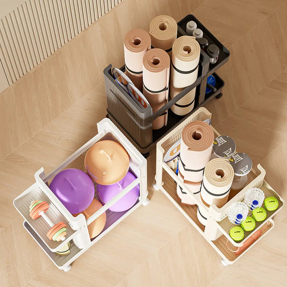 White plastic two-tiered gym equipment organizer trolley with wheels holding rolled yoga mats and fitness equipment