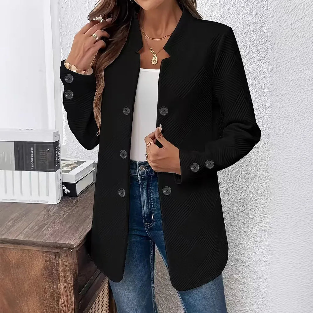 Solid Color Double-Breasted Women's Blazer with Diagonal Texture Stand Collar Long Sleeve Suits Casual Office Commute Outerwear