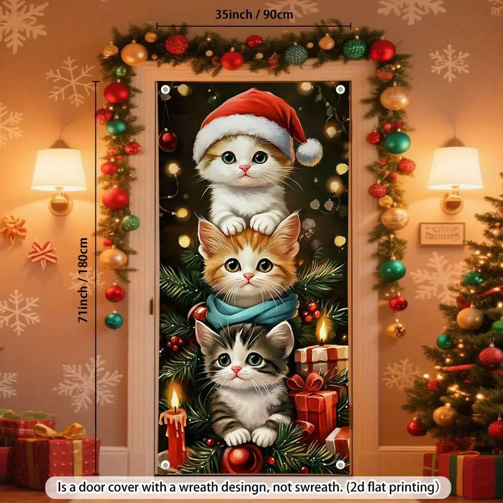 Holiday door decorations featuring cute little cats wearing Christmas hats and garlands are suitable for both homes and offices.