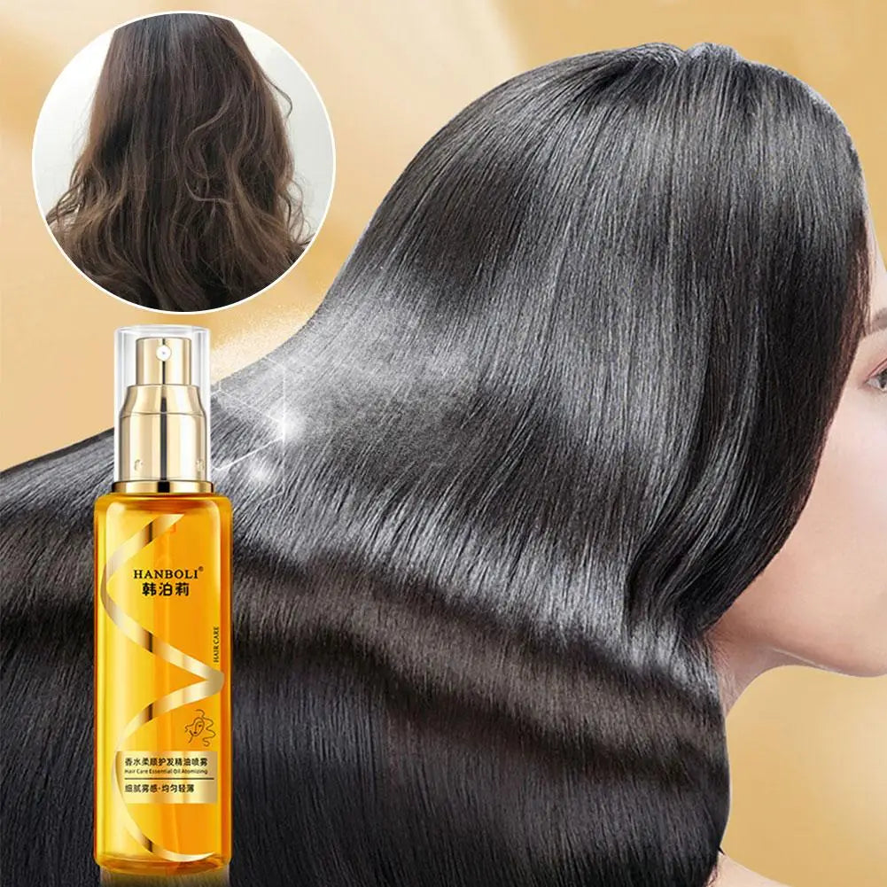 golden amber bottle of hanboli hair care essential oil spray for dry frizzy hair with a sleek gold spray nozzle and elegant silver branding designed to apply proper nourishment.