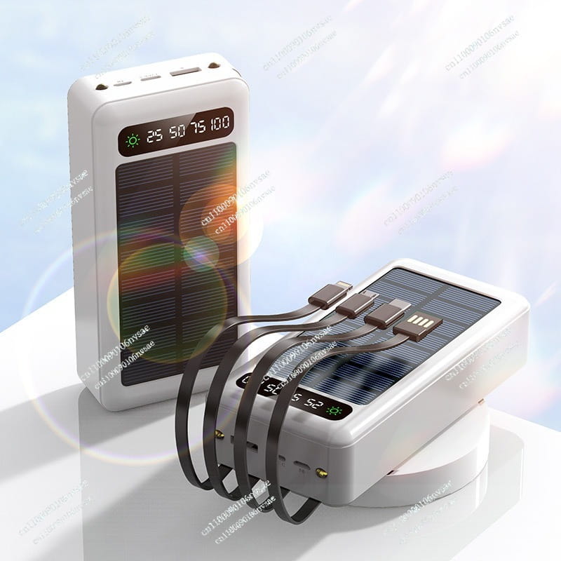 White rectangular solar power bank 5000mAh fast charging portable charger with multiple USB ports and a digital battery percentage display.