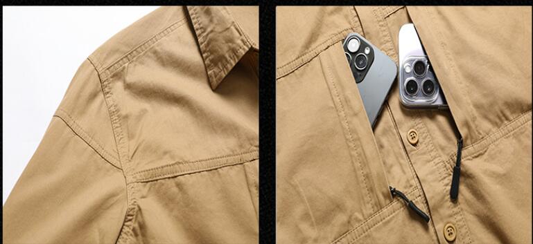 Herren-Workwear-Hemd ohne Falten in Khaki, mit Knopfleiste vorne und mehreren Utility-Taschen, einschließlich einer, die zwei Smartphones fasst, entworfen im japanischen Stil für den lässigen Gebrauch.