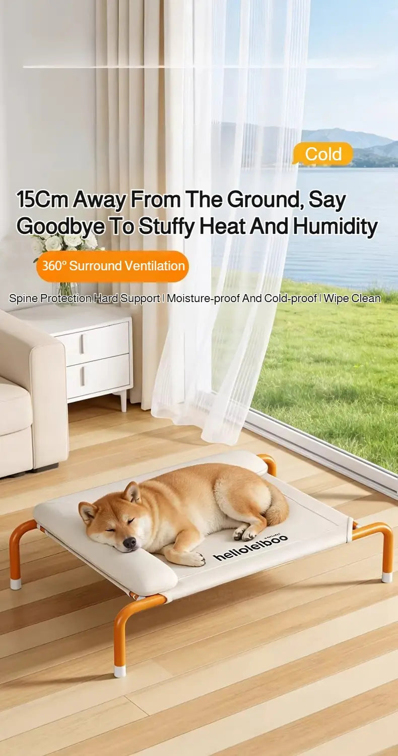 Orange-framed elevated dog bed with white mesh cushion and helloleboo branding designed as a raised pet cot.