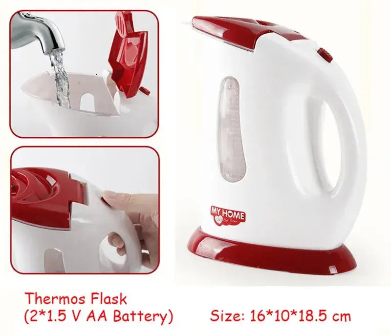 Weißer und roter Kunststoff-Thermosbehälter mit transparentem Wasserstandsfeld, entworfen für die Verwendung mit zwei 1,5-V-AA-Batterien, aus dem Kinder-Spielküchen-Kleingeräte-Set für Rollenspiel-Lebensmittel.