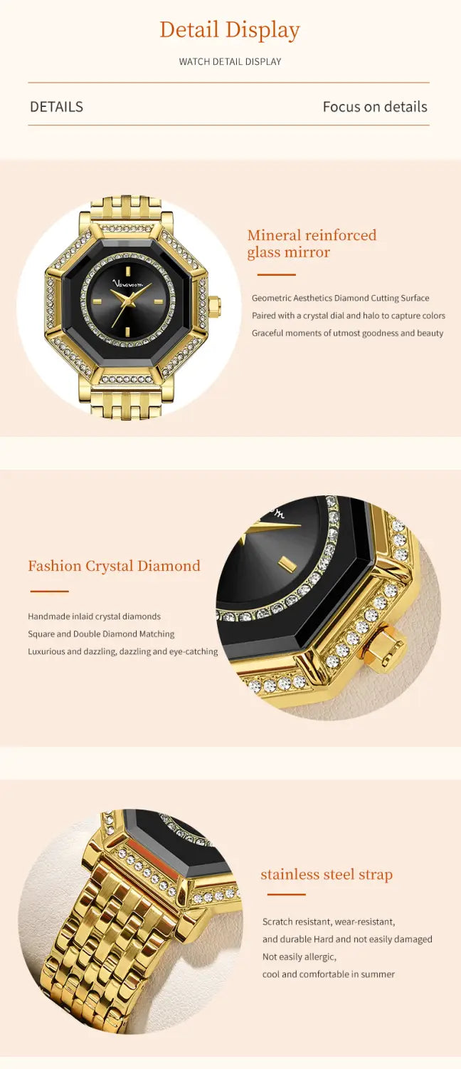 Gold-tone geometric rhinestone quartz watch with diamond-encrusted octagonal bezel and case, black mineral reinforced glass mirror, handmade crystal diamond dial, and stainless steel strap.