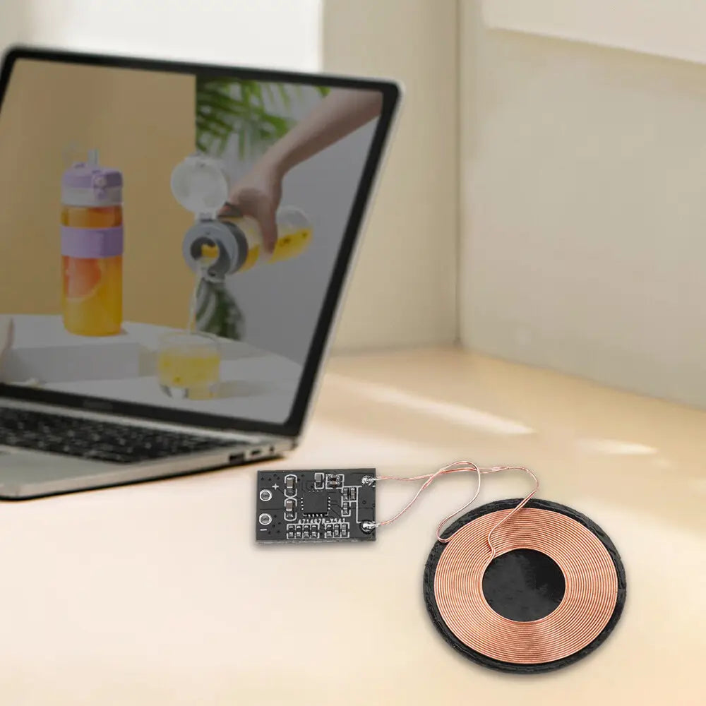Wireless charging receiver module 5v PCBA featuring a black circuit board with a copper coil designed for optimized sensing distance input voltage and output current.