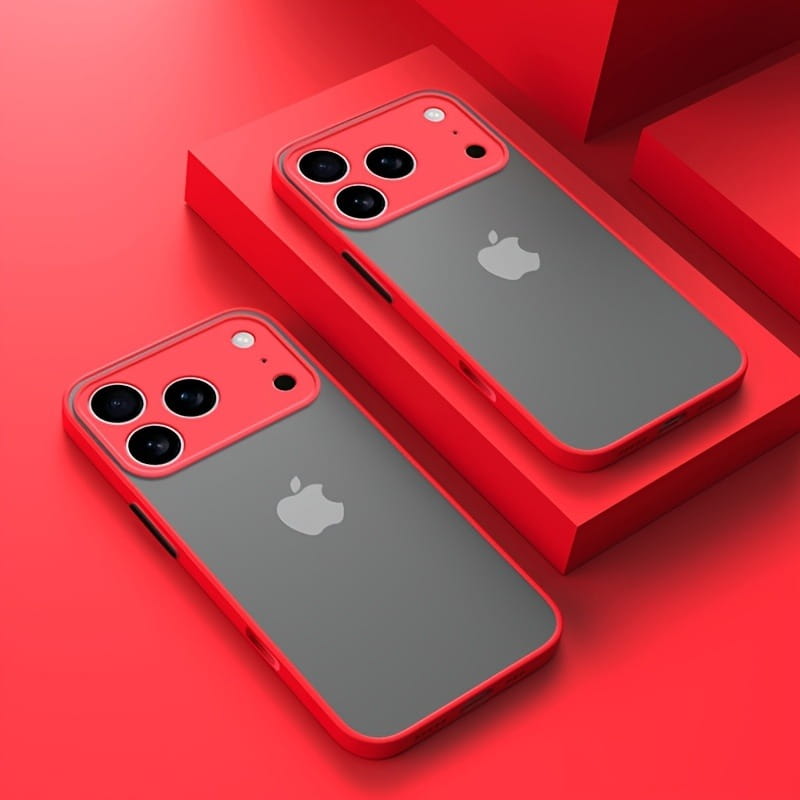 Carcasa para iPhone 13 Pro con armadura translúcida, de color rojo y gris, resistente a impactos, con panel posterior transparente mostrado desde el reverso.