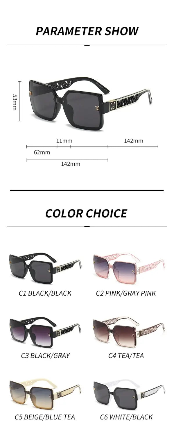 Lunettes de soleil carrées surdimensionnées à monture carrée noire avec protection UV400, design moderne épuré et détails métalliques subtils sur les branches pour un usage unisexe.