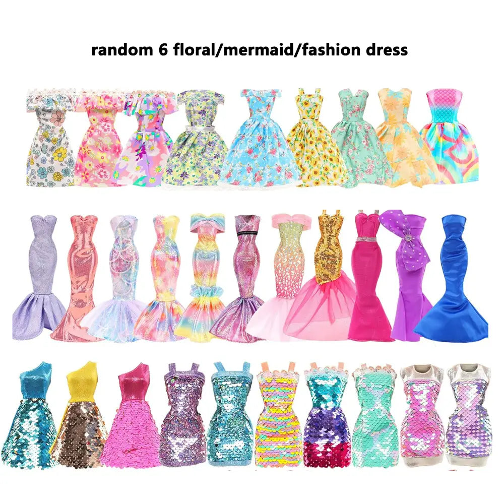 A set of six assorted floral mermaid and fashion dresses in various colors for dolls from the doll clothes and accessories set 50 pcs.