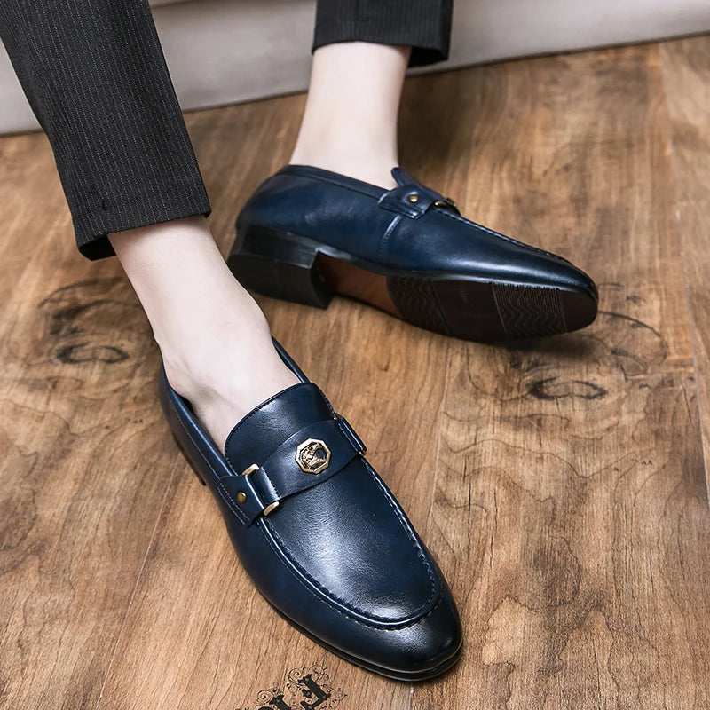 Men Business Dress Casual Fashion Elegant Formal Shoes Slip-on Evening Dress Loafers Party Metal Buckle Wedding Leather Shoes