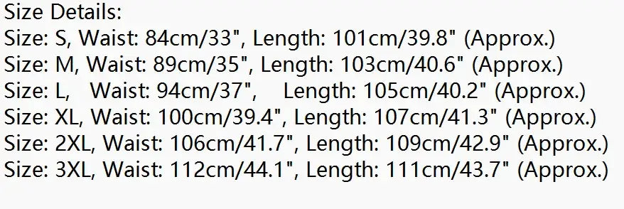 L’image présente un tableau des tailles détaillé en centimètres et en pouces pour des pantalons cargo pour hommes, décontractés, amples, droits, bouffants et d’hiver, pour toutes les tailles allant de S à 3XL.