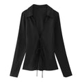 Women's Elegant Satin Shirt Blouses Lapel Long Sleeve Bowknot Lace-up Shirts Tops Female Temperament Slim V-neck Tops Streetwear