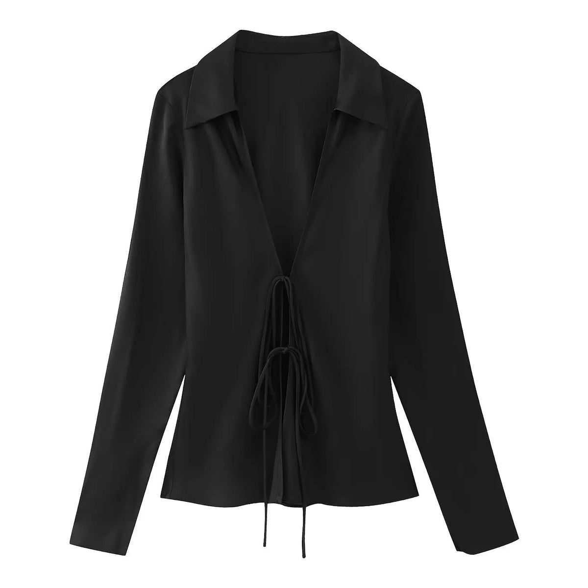 Women's Elegant Satin Shirt Blouses Lapel Long Sleeve Bowknot Lace-up Shirts Tops Female Temperament Slim V-neck Tops Streetwear