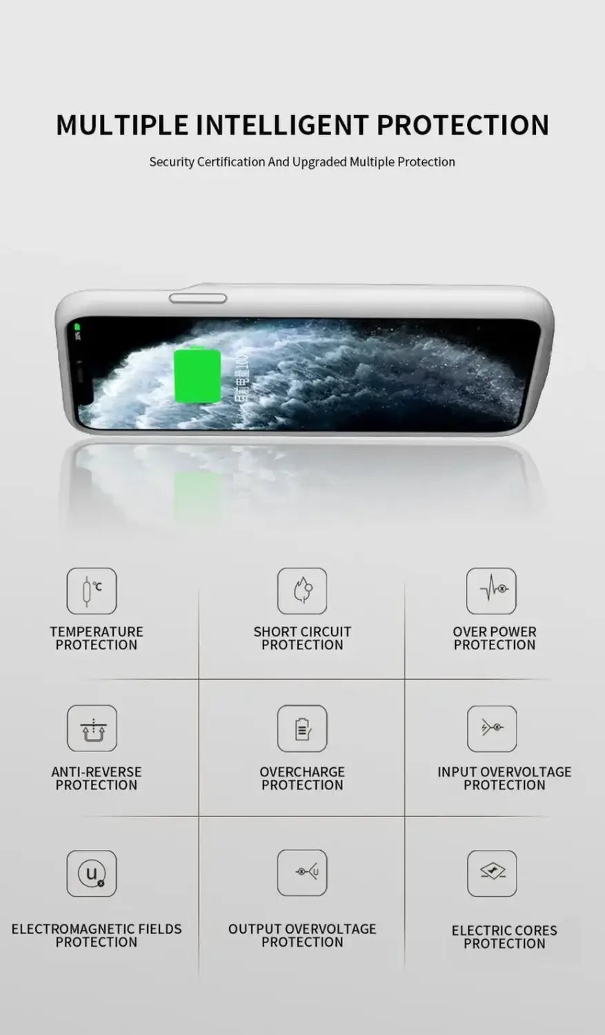 Power bank pour boîtier chargeur de batterie iPhone XR avec cadre argenté, design moderne et épuré, et écran incurvé affichant une icône de batterie verte